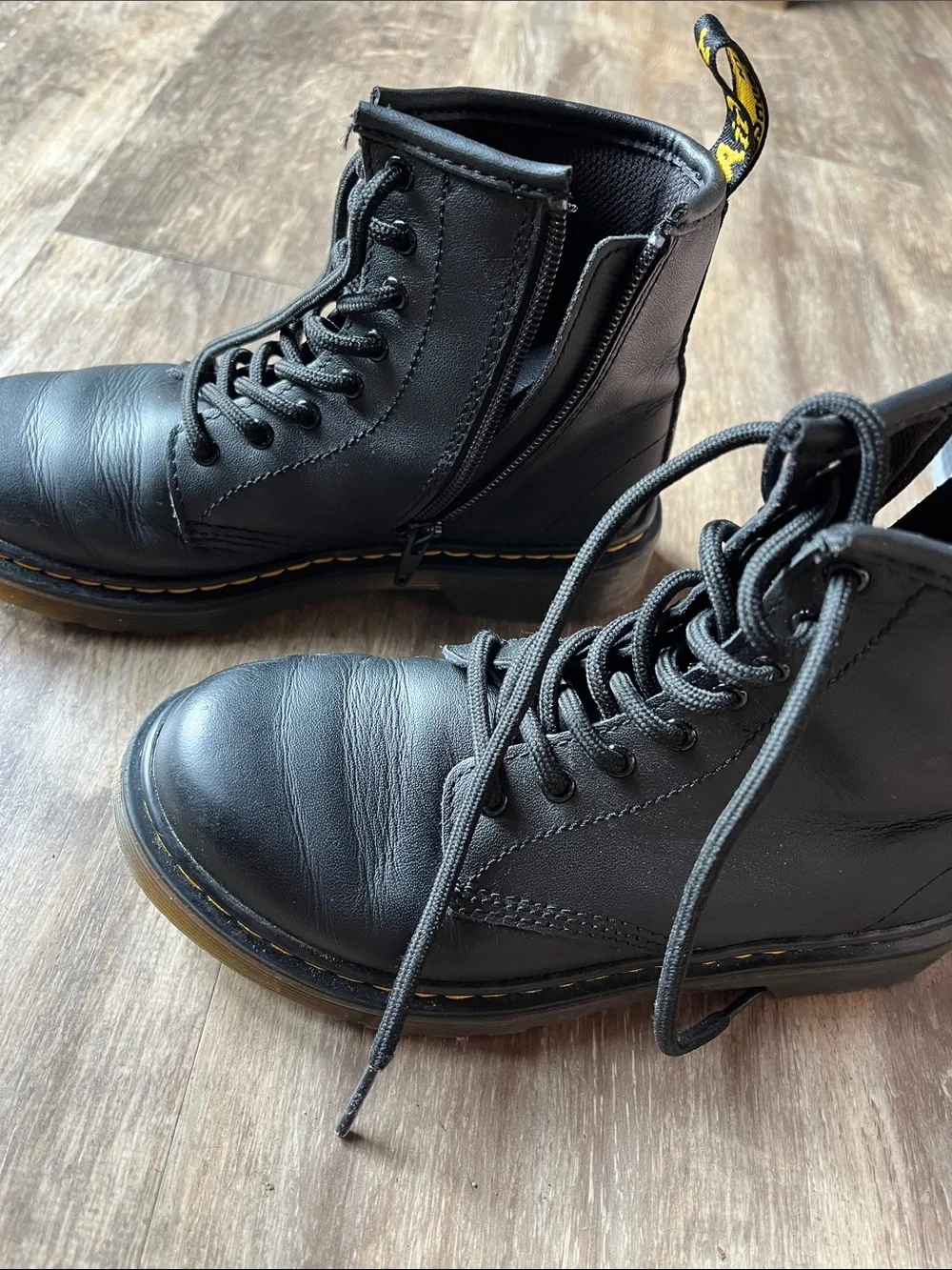 Dr. Martens Kids Black Lace-Up Ankle Boots with Yellow Pull Tab